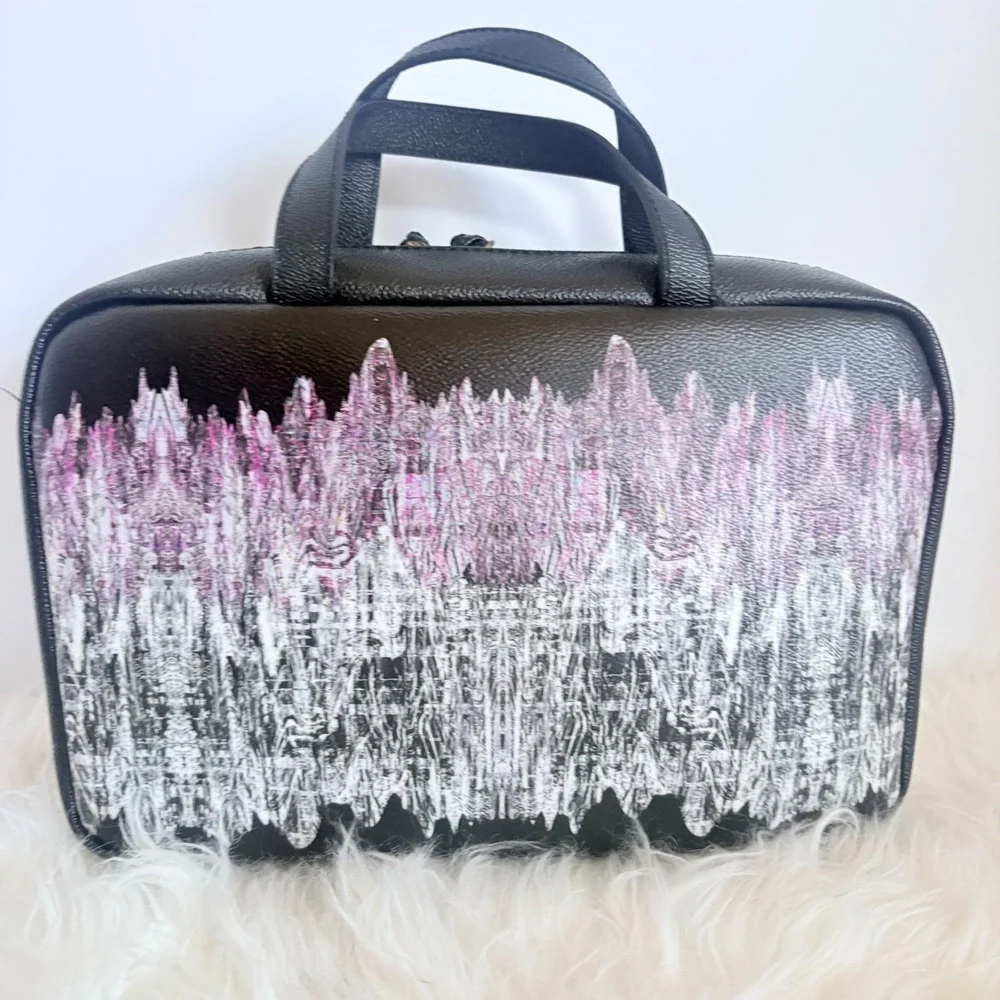 Elliott Lucca Black Pink Abstract Print Cosmetic Case Bag Double Handle Zip